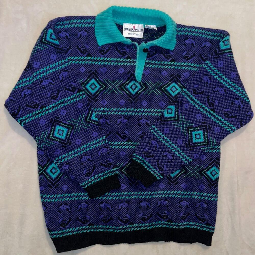 Brass Plum Shetland Wool Sweater Vintage 90s Purple Teal